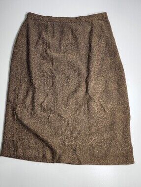 Tweed Pencil Skirt Size 14 Wool Look Back Slit Classic Workwear Brown Tan